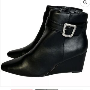 Jones New York Black Leather Wedge Ankle Boots with Rhinestone Buckle
